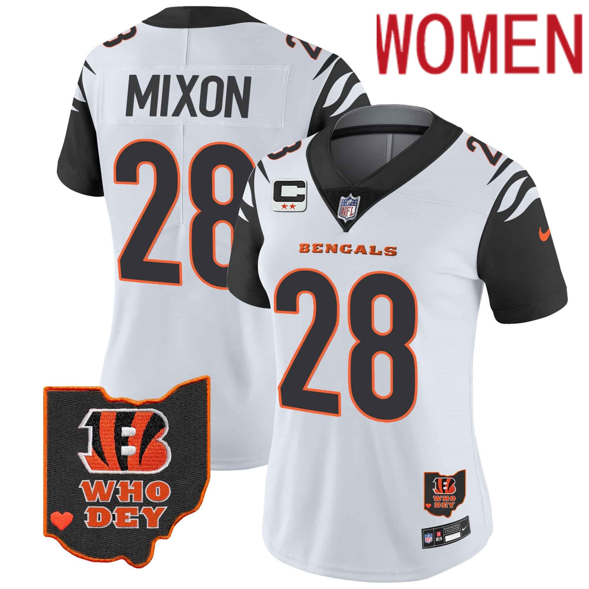 Women Cincinnati Bengals 28 Mixon White 2024 Nike Patch Vapor Limited NFL Jersey style 1